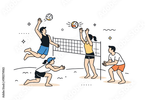 Beach Volleyball Match. Players jumping, serving, and receiving the ball in a clean editorial scene with friendly competition and easy summer rhythm. The