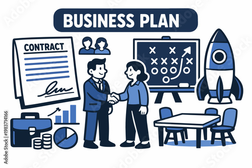 Business Management Series flat vector digital illustration, doodle flat, thick outline, expressive characters, simple shapes, playful proportions, exaggerated