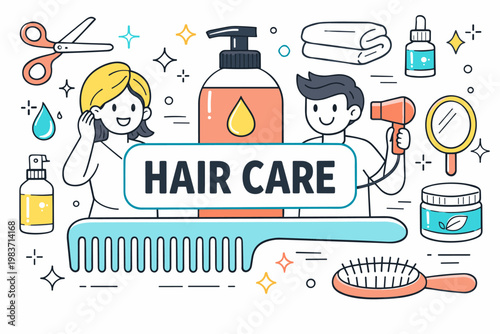 Hair Care Outline Icons. Hair care and salon editorial banner with geometric characters beside an oversized shampoo bottle and large comb across the full