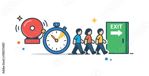 Fire drill routine a friendly alarm bell, stopwatch, and orderly movement toward a marked exit create a clear visual story about practice, timing,