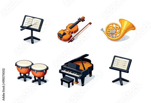 Boss battle music. Isometric flat vector icons set of boss battle music: dramatic taiko drum, electric guitar with effects pedal, glowing battle soundtrack