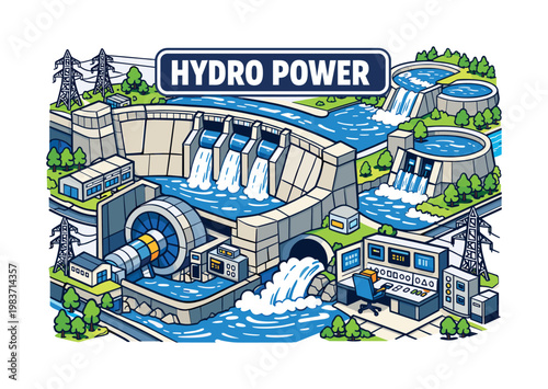 Hydropower Energy Systems Hydropower Energy Systems clean focused isometric hero scene with oversized dam wall and water turbine generator, one river outlet, a