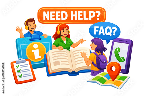 Information Help Desk Set helpful support desk scene with two assistants and one user interacting with an oversized info badge and giant open guidebook, FAQ