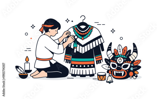 Ceremonial masks and dress. A character carefully adjusts a ritual costume with a decorated mask nearby, capturing preparation before a cultural festival. The