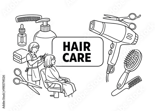 Hair Care Salon. Clean outline line art banner scene of a beauty salon with stylist and client, oversized shampoo bottle and hair dryer as the main objects,