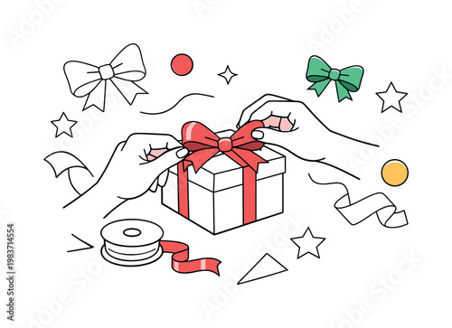 Holiday Gift Wrapping. Hands wrapping a gift box with ribbon, smooth movements and festive focus. Floating bows, stars, and paper textures creating a cozy