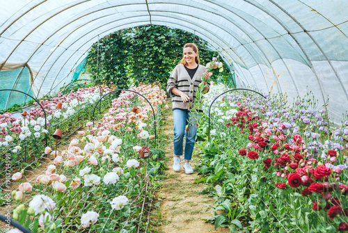 Smiling woman florist in a polytunnel flower farm holding a fresh harvest of eustoma as concept of local sustainable flower farming and happy small business entrepreneur in greenhouse