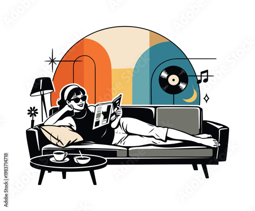 retro lifestyle illustration, large circular backdrop abstract arches thin lines and color blocks with symbolic accents, black and white woman lounging on a