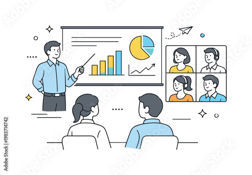 Virtual meeting presentation. Presenter sharing slides on a screen while remote participants listen attentively. Calm professional atmosphere with simple