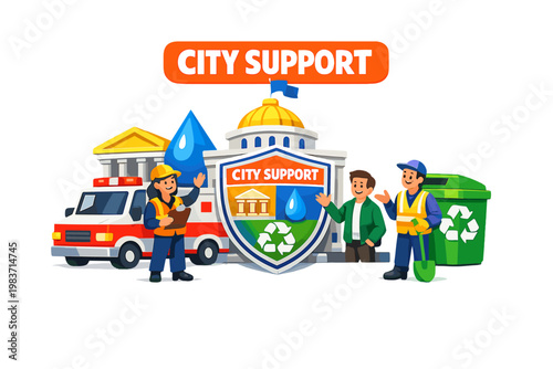 Public Service Network Collection of flat vector icons showing government building, tax document, education building, emergency siren, housing home, police