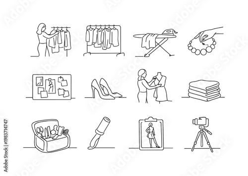 Preparing Looks for Fashion Photoshoot. Minimalistic set one-line drawing stylist organizing outfits, rack of coordinated garments, ironing board with dress,