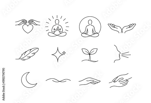 Energy Healing and Mindful Connection. Minimalistic set one-line drawing [hands hovering over heart, radiant lines, meditating person, aura circle, open hands