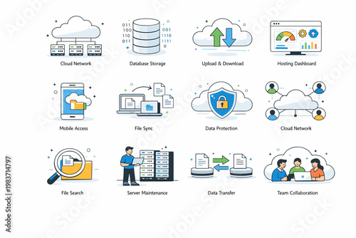 Cloud Computing Network. Cloud storage, servers, databases, hosting, file transfer, syncing and network access. minimalist editorial vector scenes: a cloud
