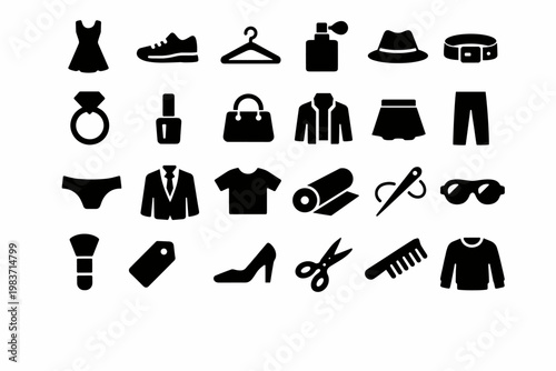 Fashion Clothing Web Style. Solid glyph icon set of fashion, apparel, and accessories: dress, sneaker, shirt hanger, perfume bottle, hat, belt, jewelry, nail