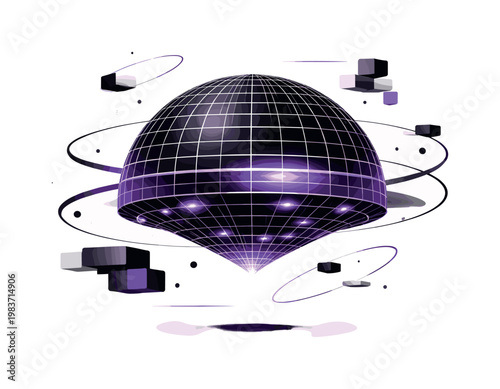 floating dome structure with circular grids and horizontal lines, abstract orbital shapes and blocks, black and white dome with purple accent elements, modern
