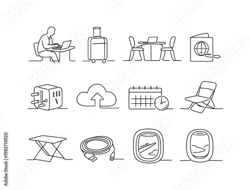 Digital Nomad Work Essentials. Minimalistic set one-line drawing person typing on laptop, compact desk setup, carry-on suitcase, co-working desk outline,