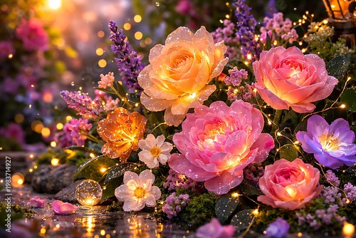 Soft glow bouquet of pink peach and purple flowers with water droplets on reflective surface