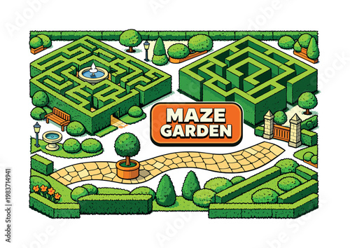 Isometric Garden Series green plant maze banner, clean focused isometric composition with one hero formal hedge labyrinth scene, one oversized geometric green