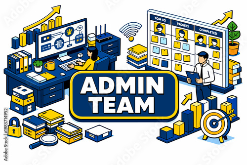 Office Admin Network Management Administration, clean focused isometric hero scene with one oversized manager desk board and one large team organization panel,