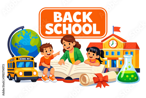 School Learning Campus Pack cheerful classroom scene with two students and one teacher interacting with an oversized book and giant school building, diploma