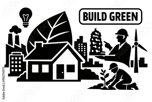 Green Building Design. Clean solid banner scene with an oversized eco house and giant leaf solar panel filling the frame, one architect presenting a green