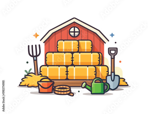 Agricultural storage concept representing organization and abundance, a tidy barn scene with evenly stacked hay blocks and minimal scattered tools forming a