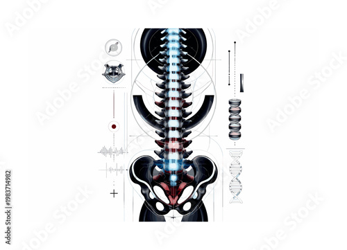 Futuristic human torso, bold geometric panels curved lines symbolic interface icons and balanced negative space, black and white torso with