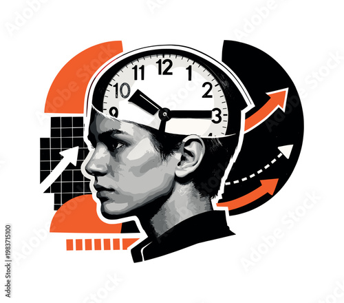 A black and white portrait of a focused person with a clock replacing part of the head, layered collage composition with strong white outline, abstract