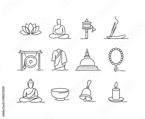 Hindu rituals. Minimalistic set one-line drawing [lotus, diya lamp, incense, mandala, temple, bell, conch shell, offering plate, sacred cow, trident, Om