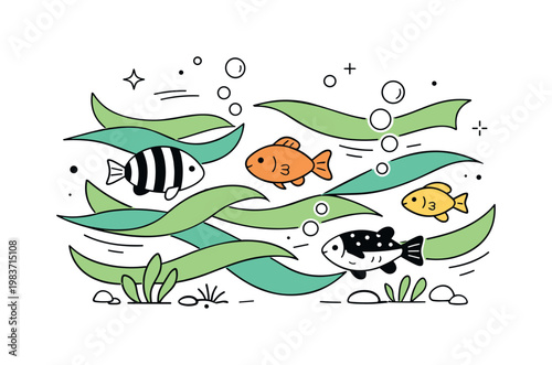 School of fish in seaweed. A small group of fish glides together through soft vertical kelp shapes while curved lines suggest smooth underwater motion. The