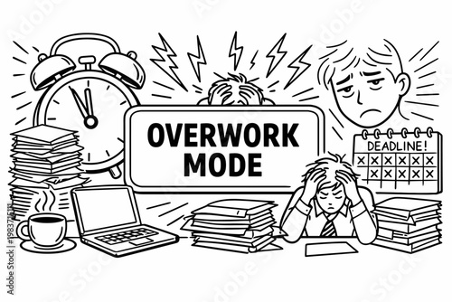 Workaholic Office Stress. Clean outline line art banner scene of an overwhelmed worker at desk, oversized alarm clock and laptop as the main objects, deadline