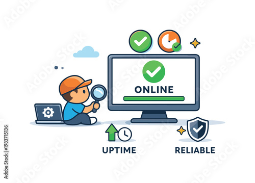 DevOps engineer pipeline flow represented by a mini character observing a stable production endpoint with status indicators, expressing monitoring, uptime, and