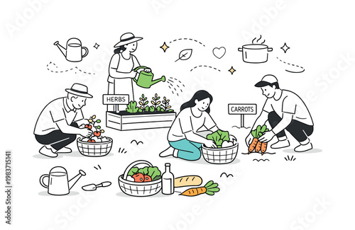 Community Garden and Urban Harvest. Neighbors picking herbs and vegetables in a shared garden space, placing the harvest into baskets for a simple local meal.