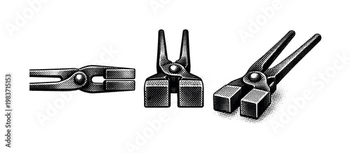 Locking grips, metal locking pliers with adjustable screw, release lever, and serrated jaws, shown as the same object in side profile, partially open top view,