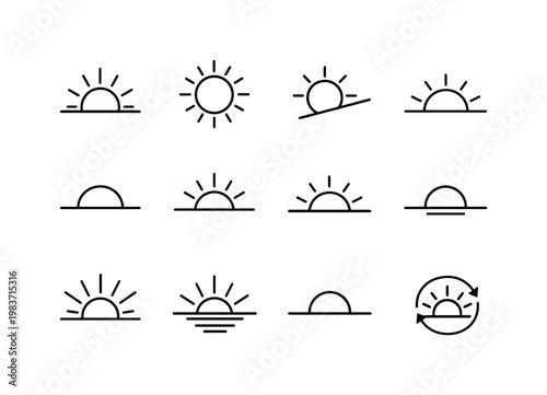 Sun Phases. Line icon set of Sun Phases: sunrise icon, midday sun, afternoon sun, sunset icon, sun below horizon, dawn sun, dusk sun, rising sun rays, setting