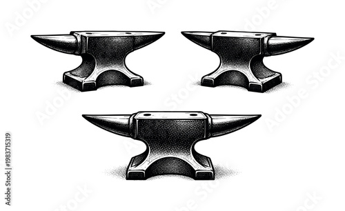 Double horn anvils, symmetrical blacksmith anvil with two opposing horns, central face, and solid waist, shown as the same object in left profile, right