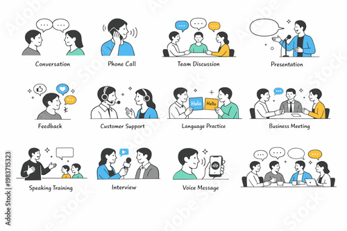Speaking Communication Flow. Speaking, dialogue, teamwork, voice interaction, discussion, support calls, interviews, and human communication. minimalist