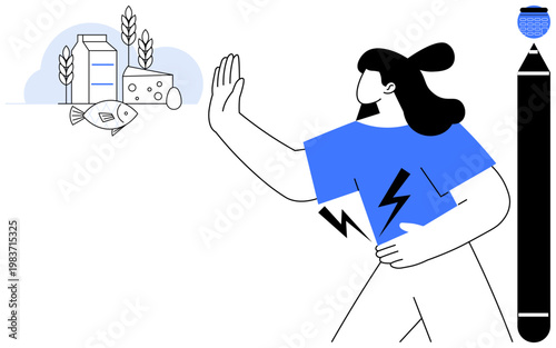 Food allergies, dietary restrictions, nutrition education, health awareness, allergy prevention, food labeling. A person avoiding dairy, fish and grains. Food allergies and dietary restrictions