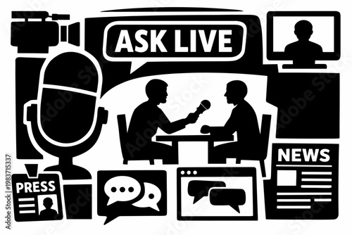 Interview Media Talk. Solid black filled banner with a giant microphone and oversized speech bubble reaching all four edges, one journalist interviewing one