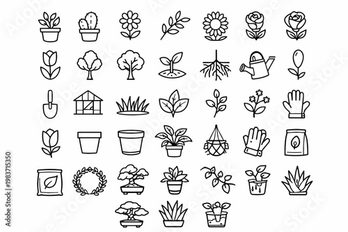 Botanical Plant Collection. Line icon set of plants and floral: potted plant, cactus, blooming flower, leaf branch, sunflower, rose, tulip, tree, seed sprout,