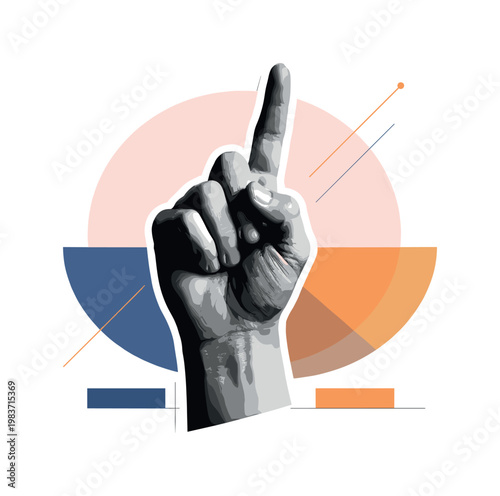 Black and white realistic pointing hand (index finger extended upward) with dramatic shadow contrast, soft pastel pink geometric circle anchoring the