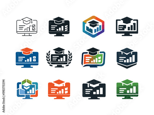 learning management systems. Icon set. Set Logo of learning management systems: online learning dashboard. harmonious logo variations of the same emblematic