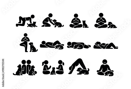 Mindful Movement with Pets. Solid icon set of Mindful Movement with Pets: slow flow yoga pet, gentle stretch sequence pet, mindful pose pet nearby, breathing