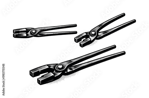 Flat jaw tongs, forged flat jaw tongs with broad rectangular gripping ends, elongated reins, and a simple riveted hinge, shown as the same object in side view,