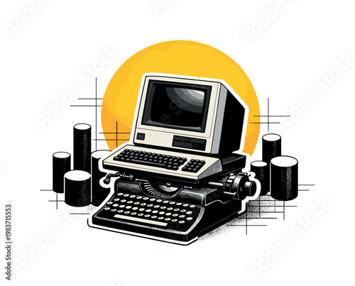 Black and white face in profile intersected by large yellow circle and overlapping magenta rectangle, playful squiggles and dotted patterns radiating outward,