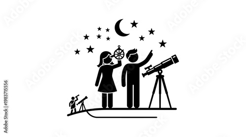 Stargazing Couple and Telescope Silhouette Icon