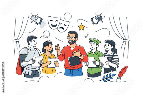 Theater director and actors backstage. A confident director stands in front of the cast, giving last-minute notes with expressive hand gestures while actors