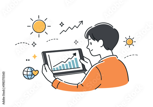Climate warming trends. A person studies a simple upward temperature chart on a tablet while abstract sun icons and rising lines float around. The scene
