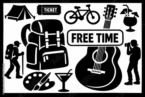 Hobby Lifestyle Activities. Solid glyph icon set of hobbies and entertainment: backpack, guitar, camera, tent, cinema ticket, bicycle, paint palette, cocktail