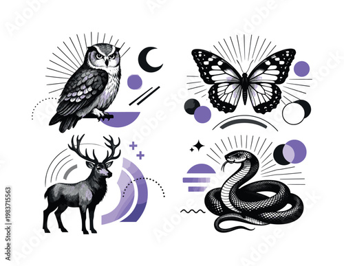 Elegant animals, mixed with geometric halos, abstract blocks, directional lines, and scattered circular elements, monochrome surreal bodies with a clean